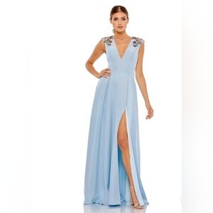 Mac Duggal Light Blue Evening Gown with Embroidered Shoulders
